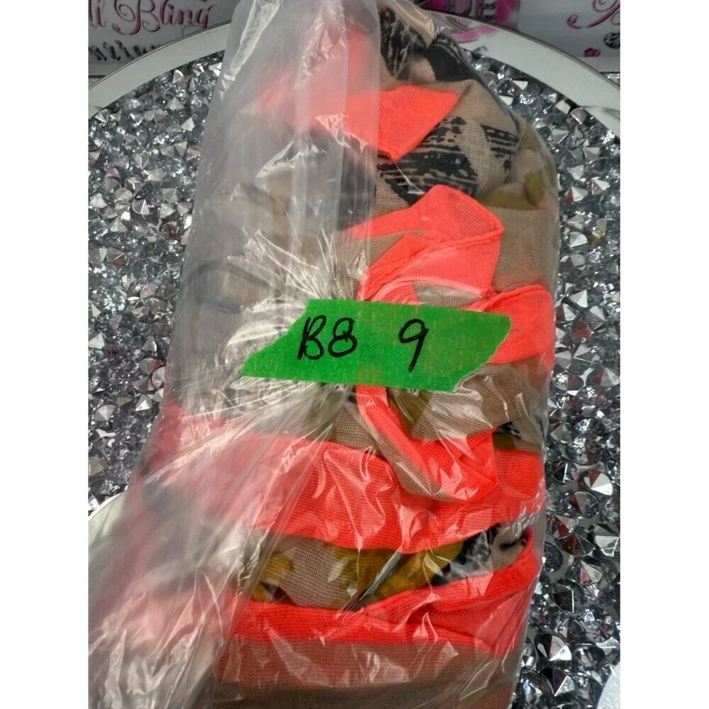 DKNY scarf scarve wrap bright orange Neon Coral and Beige Floral Stripe Scarf